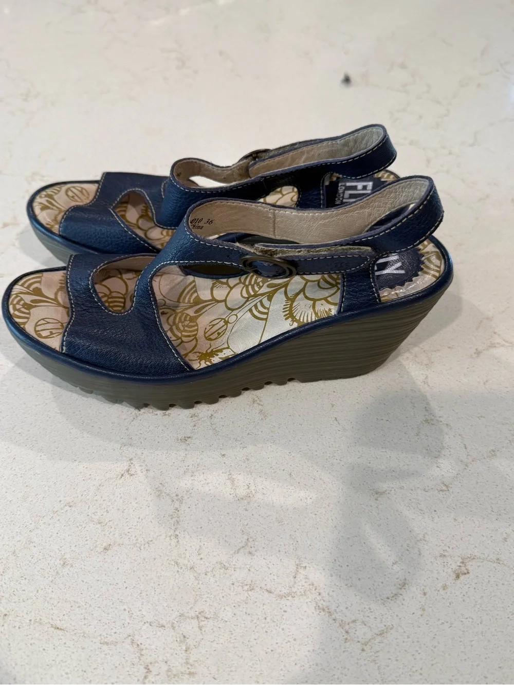 Fly London Navy Leather Wedge Sandals with Floral Insole
